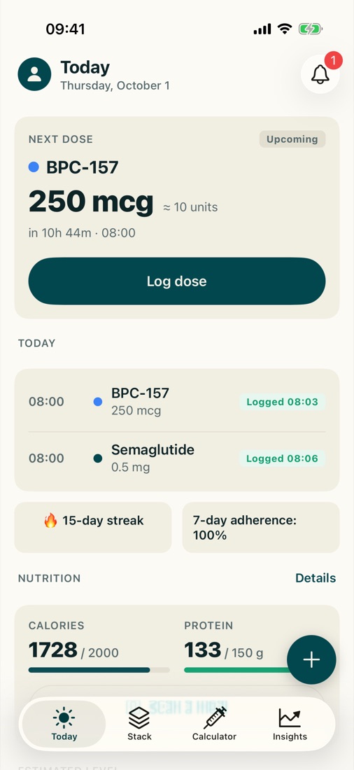 DoseKit's Today screen: the next dose with its amount in mcg and syringe units, a Log dose button, today's logged dose, streak and 7-day adherence.
