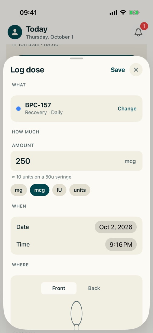 The Log dose sheet: compound, amount with mg, mcg, IU and units buttons, date and time.