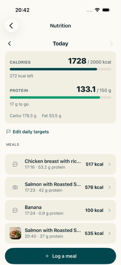 The Nutrition screen: calories and protein for the day against targets, with the list of meals logged.